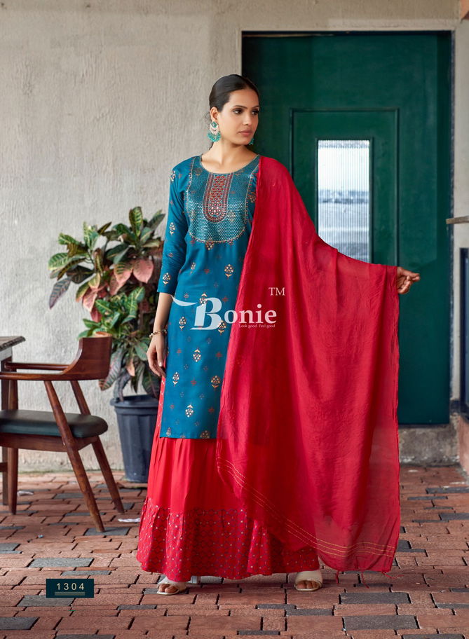 Fiana 13 By Bonie Fancy Rayon Printed Kurti With Bottom Dupatta Wholesale Price In Surat
